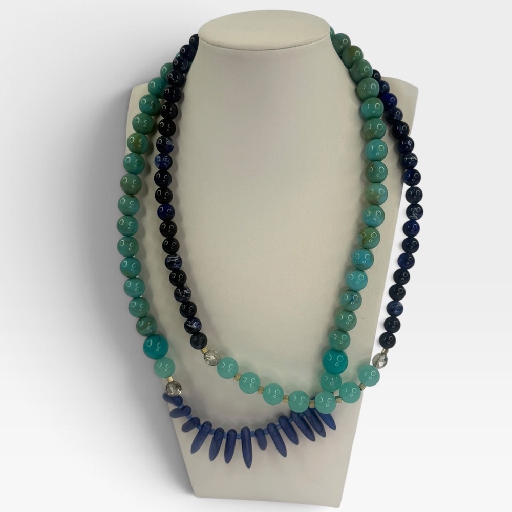 LOFT Blue Turquoise Teal Double Strand Beaded Statement Necklace Spike Accents